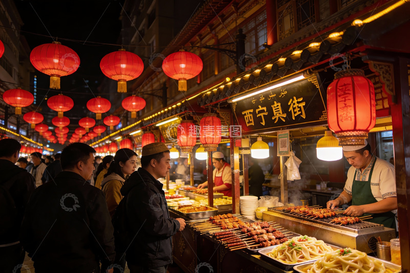 高清大图下载【趣麦麦图】夜市灯火辉煌美食摊位热闹非凡
