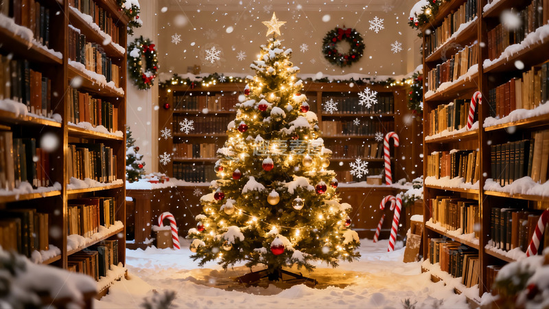 高清大图下载【趣麦麦图】图书馆圣诞树雪景