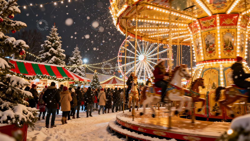 高清大图下载【趣麦麦图】雪夜圣诞集市旋转木马
