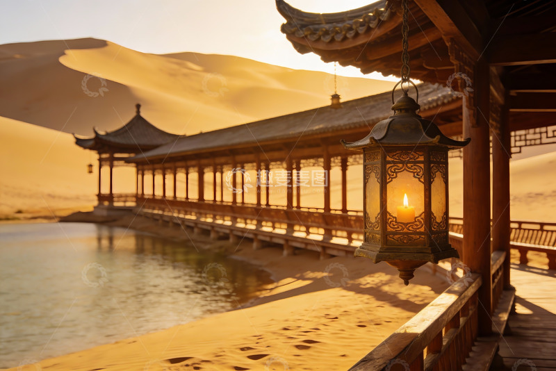 高清大图下载【趣麦麦图】沙漠古亭夜灯映沙丘