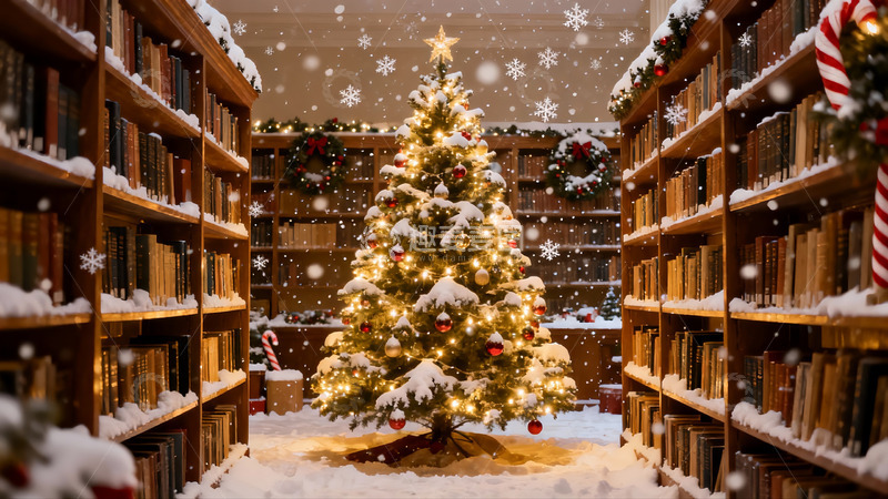 高清大图下载【趣麦麦图】图书馆圣诞树雪景