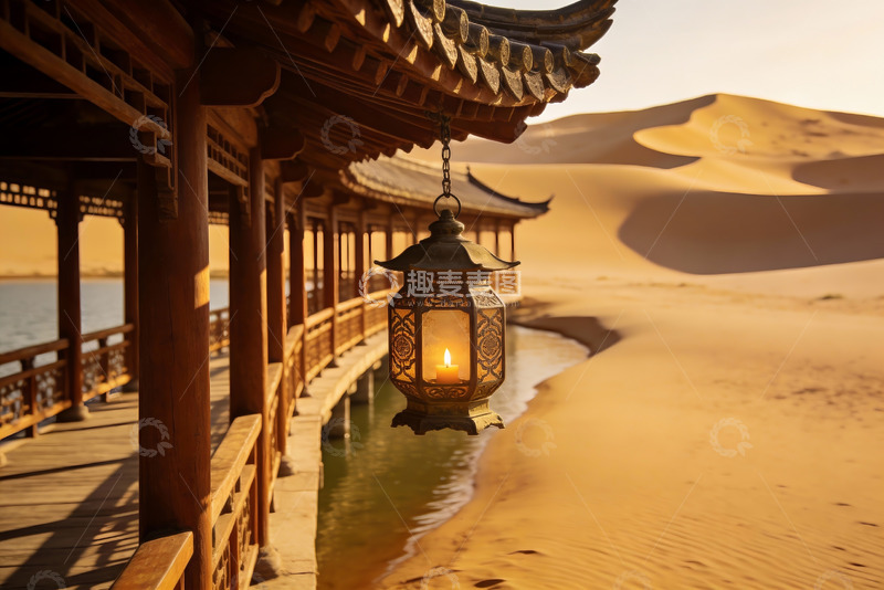 高清大图下载【趣麦麦图】沙漠古亭夜灯映沙丘