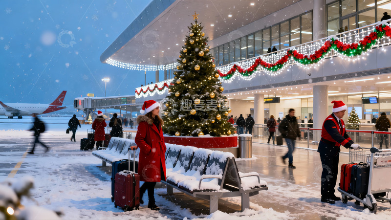 高清大图下载【趣麦麦图】雪中机场圣诞装饰与旅客