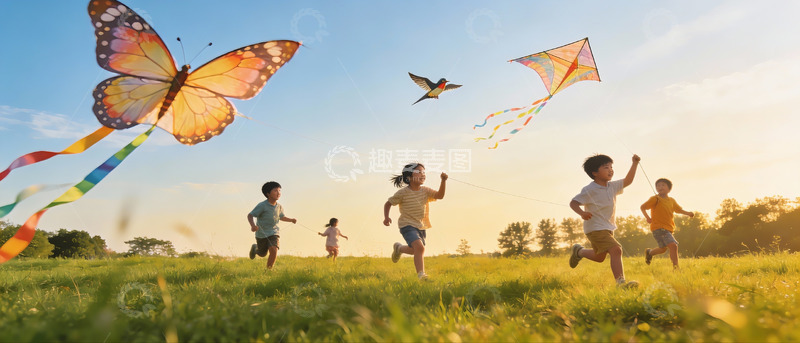 高清大图下载【趣麦麦图】儿童草地上放风筝欢乐奔跑