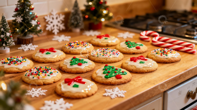 高清大图下载【趣麦麦图】圣诞主题饼干摆放在厨房台面上