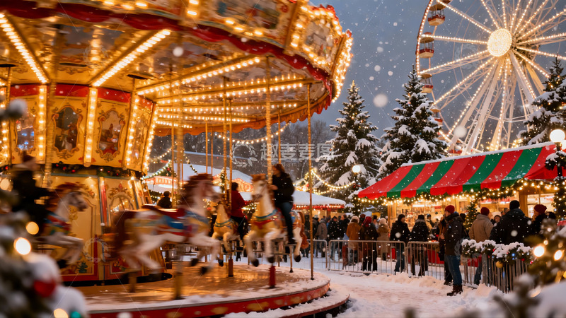 高清大图下载【趣麦麦图】雪夜旋转木马与摩天轮