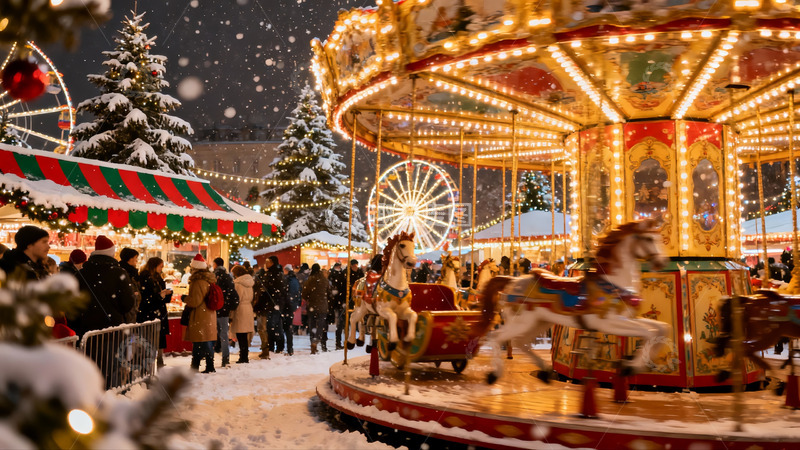 高清大图下载【趣麦麦图】雪夜圣诞集市旋转木马