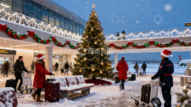 高清大图下载【趣麦麦图】雪中机场圣诞装饰与旅客