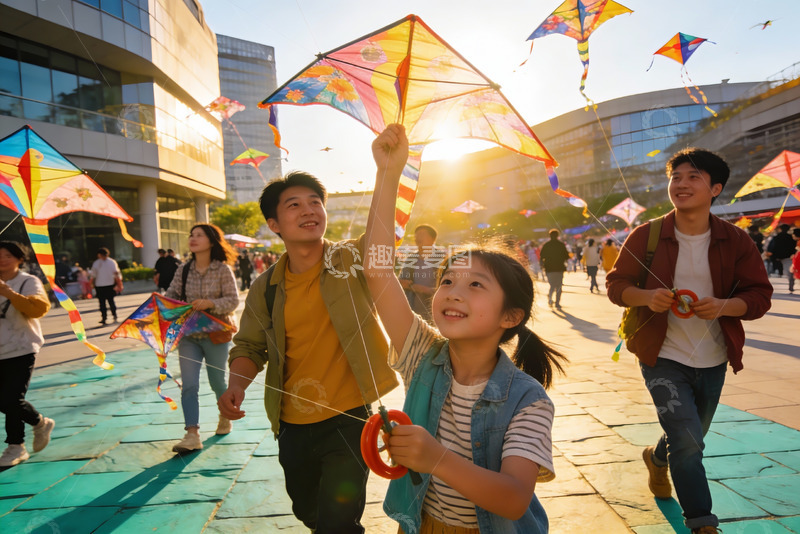 高清大图下载【趣麦麦图】阳光下广场放风筝欢乐场景