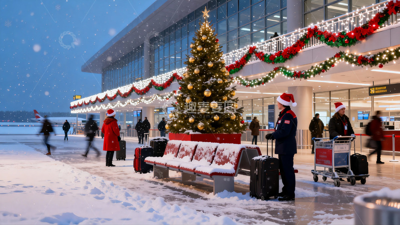 高清大图下载【趣麦麦图】机场雪景圣诞装饰旅客