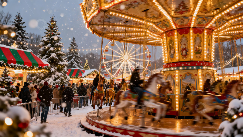 高清大图下载【趣麦麦图】雪夜旋转木马节日集市