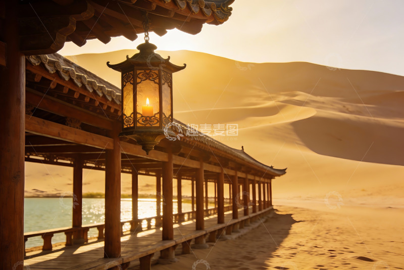 高清大图下载【趣麦麦图】沙漠中的古风长廊与灯影
