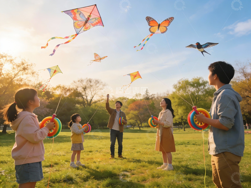 高清大图下载【趣麦麦图】家庭户外放风筝欢乐场景