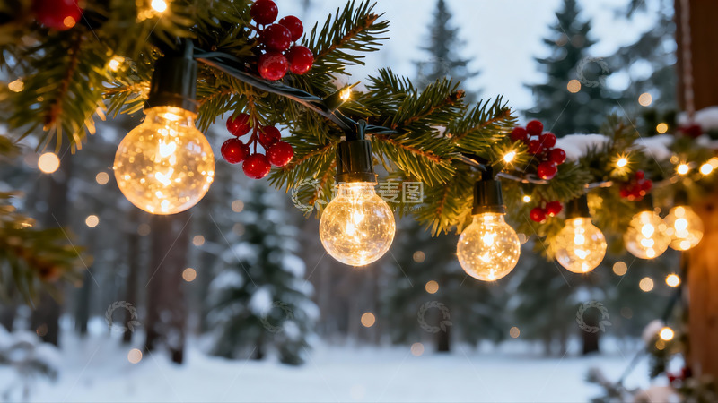 高清大图下载【趣麦麦图】雪夜松枝挂灯饰