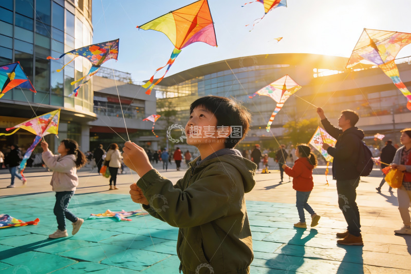 高清大图下载【趣麦麦图】阳光下广场放风筝欢乐场景