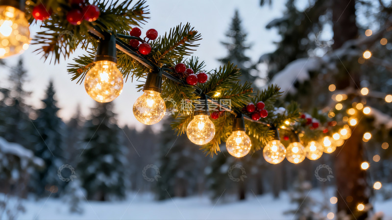 高清大图下载【趣麦麦图】冬日雪景松枝灯饰
