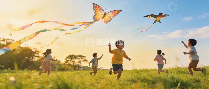 高清大图下载【趣麦麦图】儿童草地上放风筝欢乐奔跑