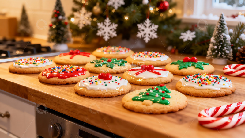 高清大图下载【趣麦麦图】圣诞装饰饼干摆放在厨房台面上