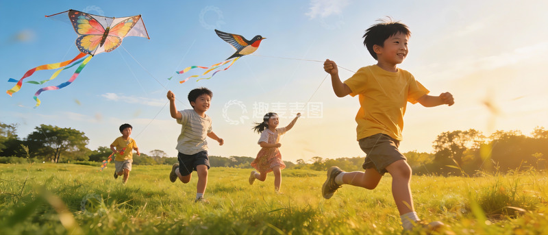 高清大图下载【趣麦麦图】儿童草地上放风筝欢乐奔跑