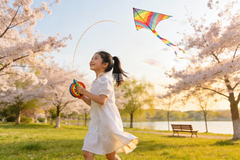 高清大图下载【趣麦麦图】女孩春日公园放风筝