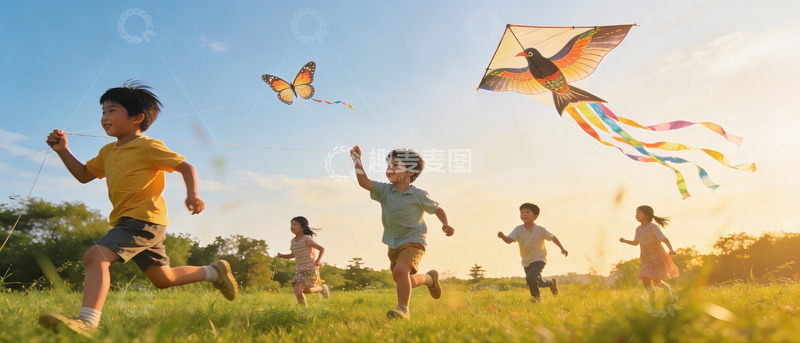高清大图下载【趣麦麦图】儿童户外放风筝欢乐场景