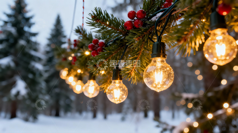 高清大图下载【趣麦麦图】雪夜松枝挂灯泡