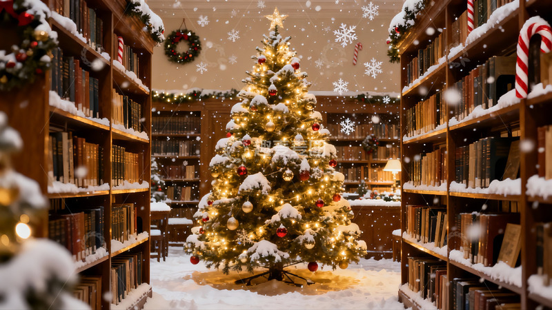 高清大图下载【趣麦麦图】图书馆圣诞树雪景