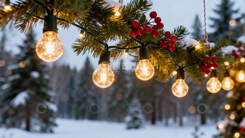 高清大图下载【趣麦麦图】雪夜松枝挂灯饰
