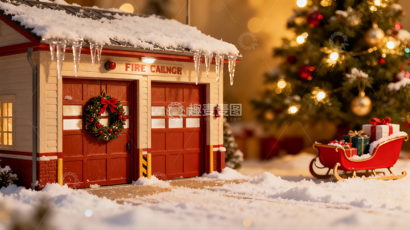 高清大图下载【趣麦麦图】雪中圣诞消防站与驯鹿雪橇