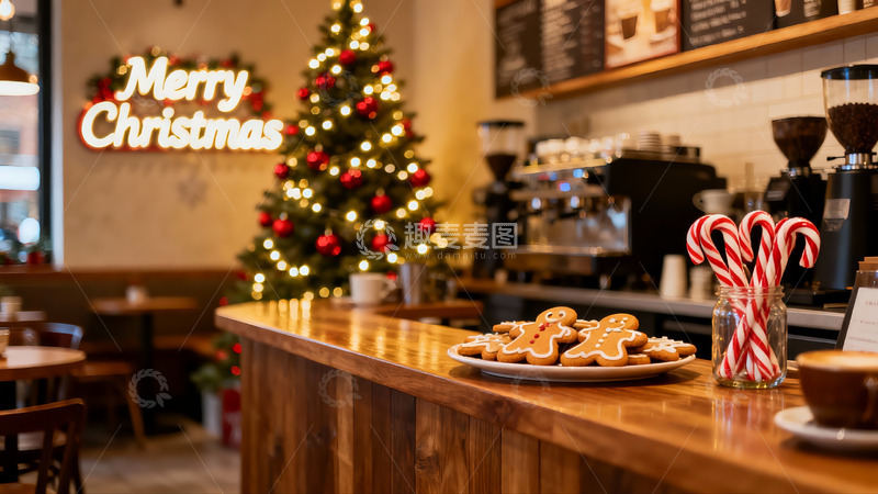 高清大图下载【趣麦麦图】圣诞咖啡店节日装饰与美食