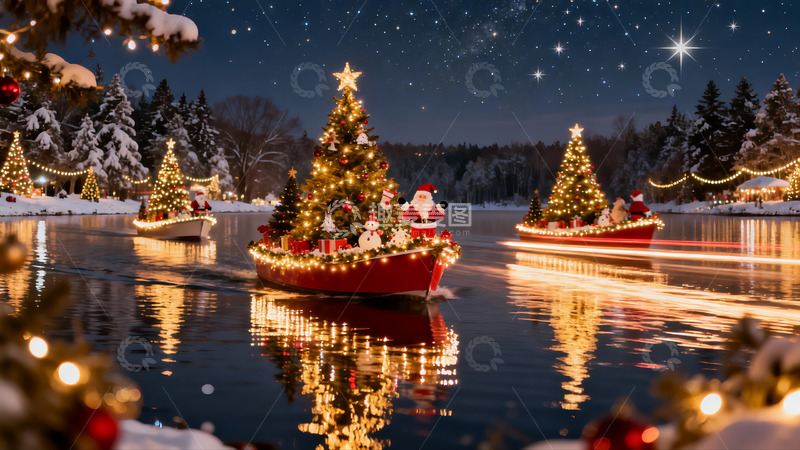 高清大图下载【趣麦麦图】圣诞夜湖上彩灯船游