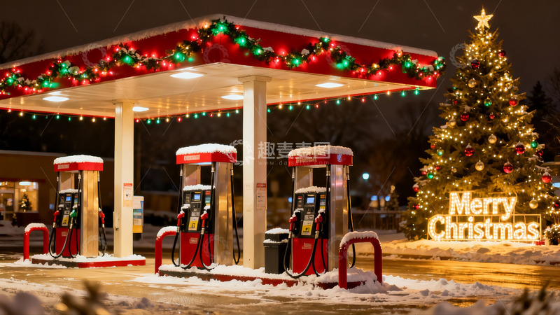 高清大图下载【趣麦麦图】雪夜圣诞装饰加油站