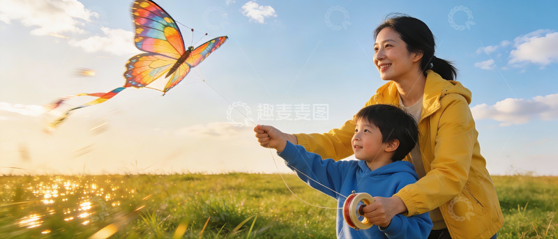 高清大图下载【趣麦麦图】母子放飞蝴蝶风筝其乐融融