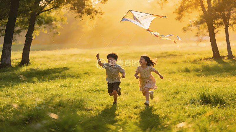 高清大图下载【趣麦麦图】儿童草地上放风筝欢乐奔跑