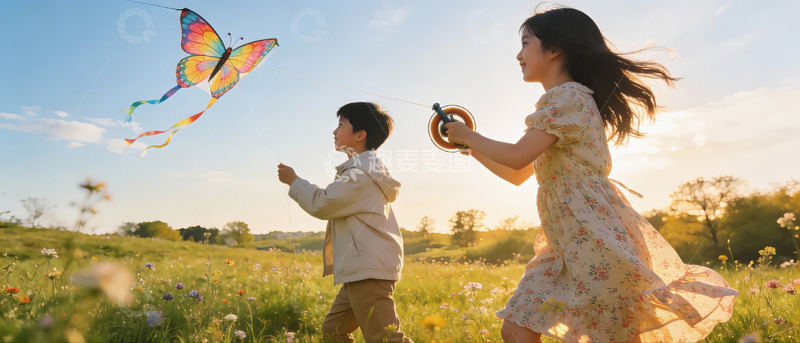 高清大图下载【趣麦麦图】兄妹放飞蝴蝶风筝欢乐奔跑