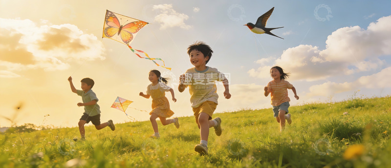 高清大图下载【趣麦麦图】儿童草地上放风筝欢乐奔跑
