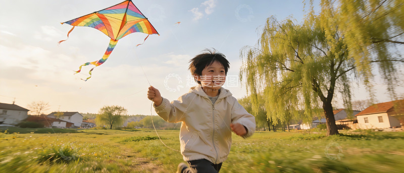高清大图下载【趣麦麦图】小男孩户外放风筝