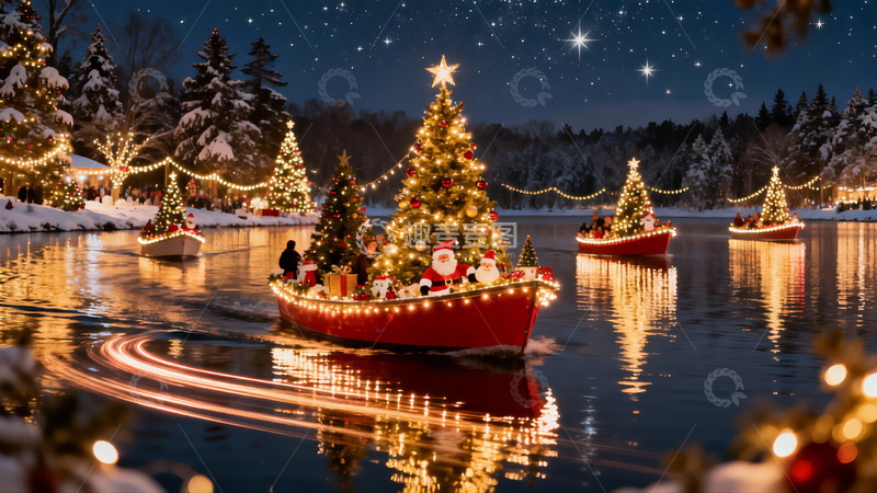 高清大图下载【趣麦麦图】圣诞夜湖上装饰船游