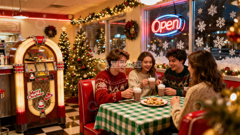 高清大图下载【趣麦麦图】圣诞派对四人欢聚餐厅