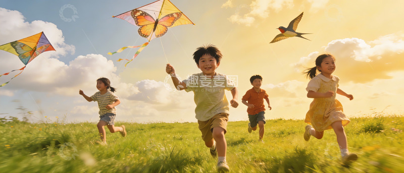高清大图下载【趣麦麦图】孩童草地上放风筝奔跑