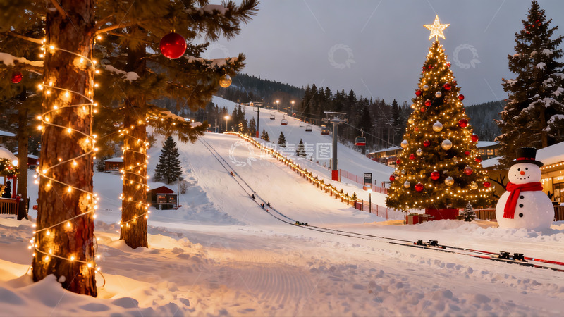 高清大图下载【趣麦麦图】雪地圣诞树与滑雪场夜景