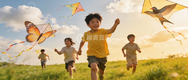 高清大图下载【趣麦麦图】孩子们户外放风筝欢乐奔跑