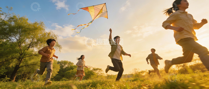 高清大图下载【趣麦麦图】夕阳下奔跑放风筝