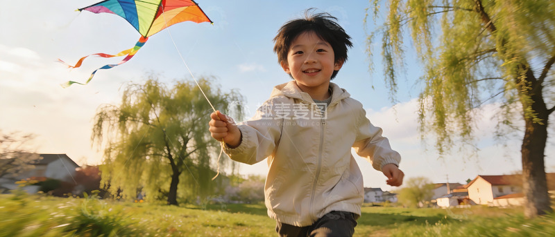 高清大图下载【趣麦麦图】小男孩户外放风筝