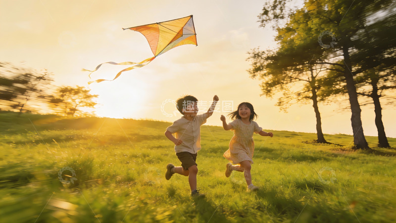 高清大图下载【趣麦麦图】儿童草地上放风筝欢乐奔跑