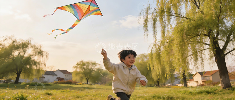 高清大图下载【趣麦麦图】孩童户外放风筝欢乐场景