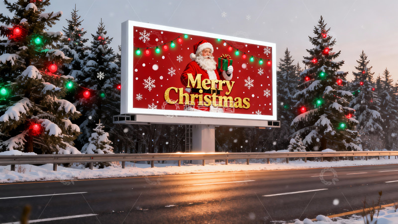 高清大图下载【趣麦麦图】雪夜公路圣诞广告牌