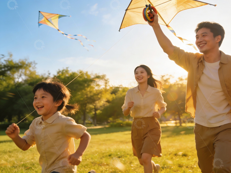 高清大图下载【趣麦麦图】一家三口公园放风筝