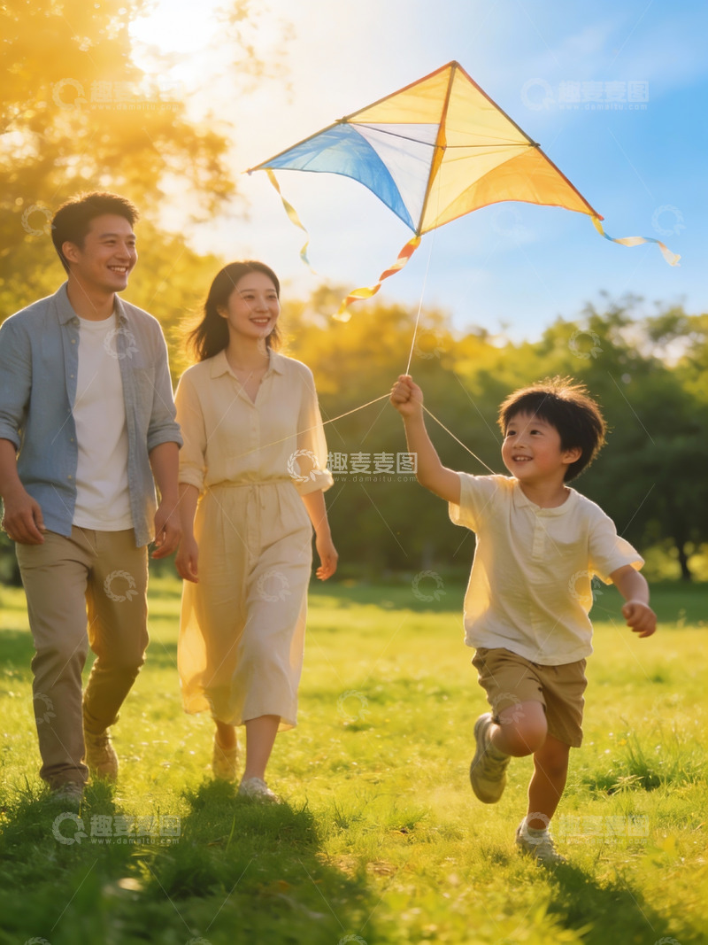 高清大图下载【趣麦麦图】一家三口草地上放风筝