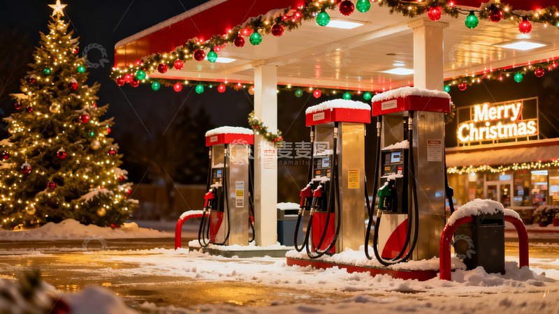 高清大图下载【趣麦麦图】雪夜圣诞装饰加油站